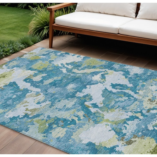 Homeroots 10' X 14' Denim Blue And Olive Green Abstract Washable Indoor Outdoor Area Rug 609599 - main