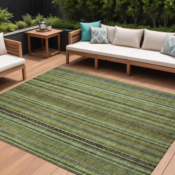 Homeroots 10' X 14' Green Gold And Gray Striped Washable Indoor Outdoor Area Rug 616375 - main