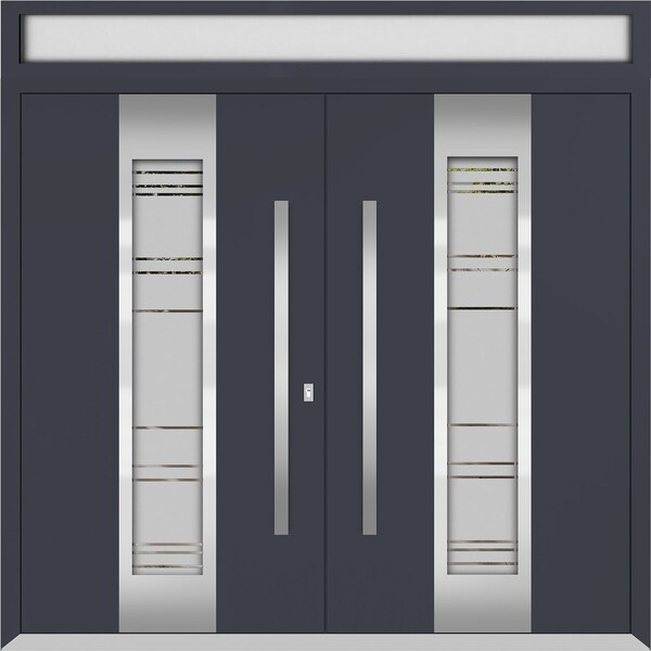Vdomdoors Metal Double Doors Deux 1717 Gray Graphite Frosted Glass Top Transom Entry Modern Painted (W72xH80+ DEUX1717DEXD-GRE-W72xH80+14-RH-O - main