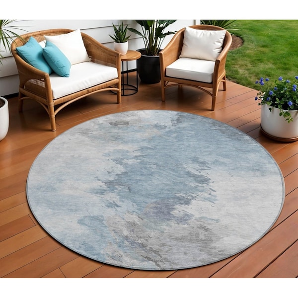 Homeroots 8' Sky Blue Gray And Ivory Round Abstract Washable Indoor Outdoor Area Rug 617421 - main