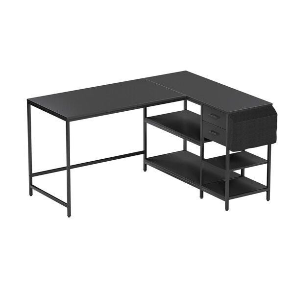 Homeroots 55" Black Wood and Stainless Steel L Shape Computer Desk 723783 - main