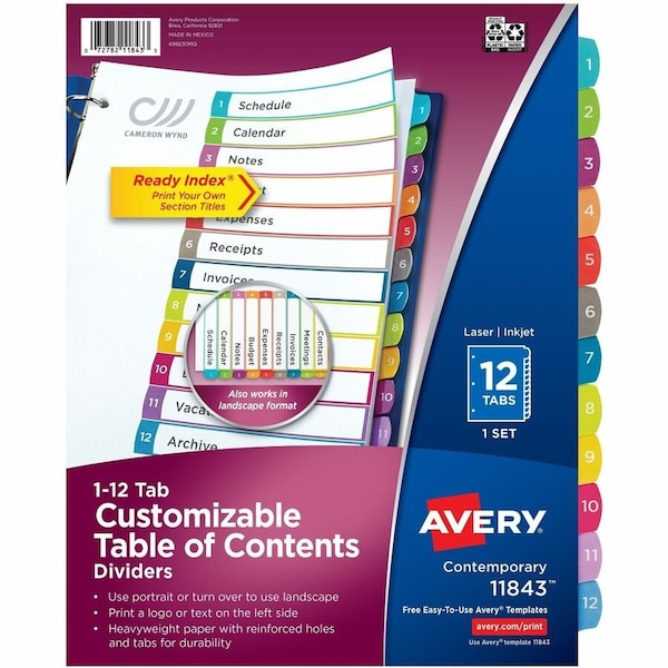 Avery Dennison Avery, CUSTOMIZABLE TOC READY INDEX MULTICOLOR DIVIDERS, 1-12, LETTER 11843 - main