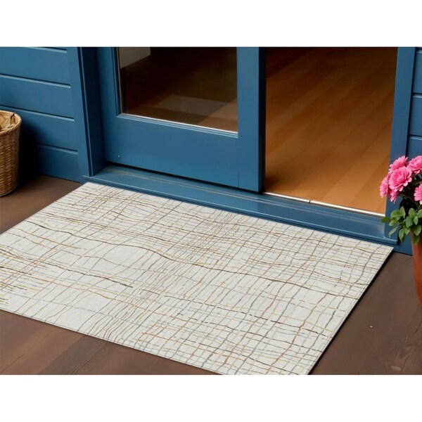 Homeroots 3' X 5' Ivory Brown And Gold Striped Washable Indoor Outdoor Area Rug 597397 - main