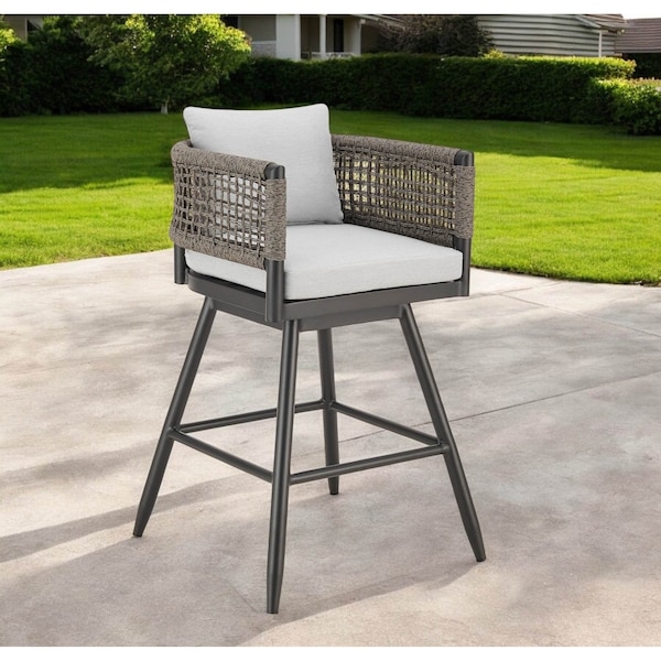 Homeroots 30" Black and Light Gray Aluminum Swivel Rope Back Outdoor Bar Height Chair with Footrest 571165 - main