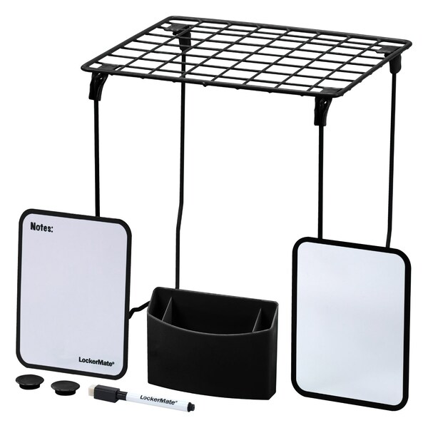Lockermate By Bostitch 7-pcs Locker Organizer Kit, Locker Shelf, Mirror, Whiteboard, Storage Cup & Dry Erase Marker, Black 5086-BLK - main