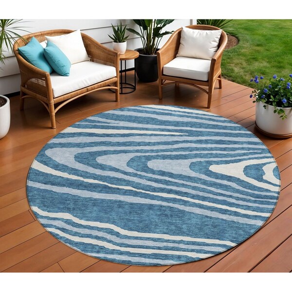 Homeroots 8' Navy Blue Denim Blue And Ivory Round Faux Bois Washable Indoor Outdoor Area Rug 614493 - main