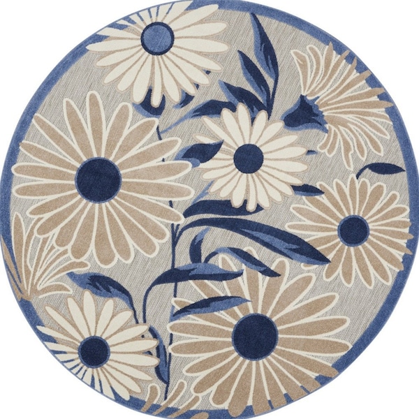 Homeroots 5' Blue And Gray Round Floral Indoor Outdoor Area Rug 545016 - main
