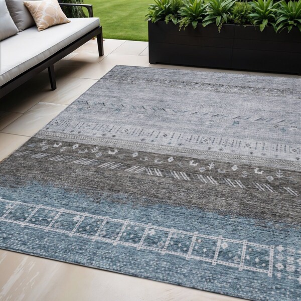Homeroots 5' X 8' Blue Gray And Charcoal Southwestern Washable Indoor Outdoor Area Rug 605128 - main