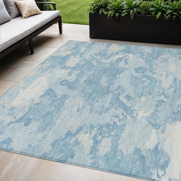 Homeroots 5' X 8' Sky Blue And Denim Blue Abstract Washable Indoor Outdoor Area Rug 609577 - main