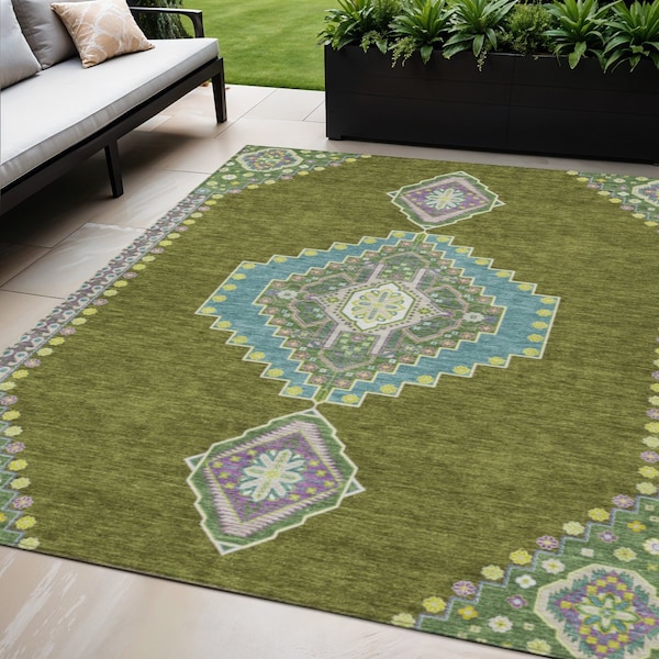 Homeroots 5' X 8' Olive Green Pink And Ivory Oriental Washable Indoor Outdoor Area Rug 598431 - main