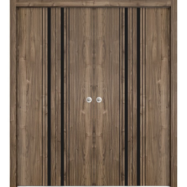 Sartodoors Sliding Closet Double Bi-fold Doors, Planum 0011 Walnut and Aluminum Strips, Sturdy Tracks Moldings PLANUM0011DBF-WLN-96 x 96 (4* 24x96) - main
