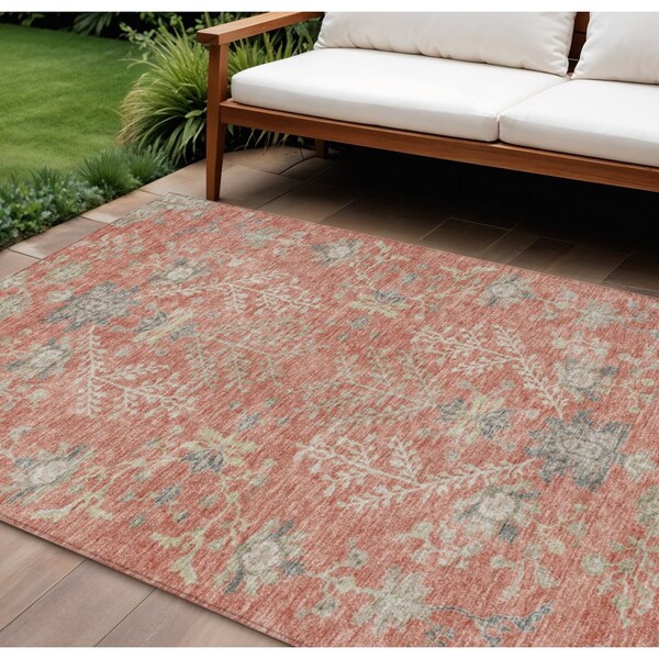 Homeroots 10' X 14' Coral Charcoal And Gray Floral Washable Indoor Outdoor Area Rug 605472 - main