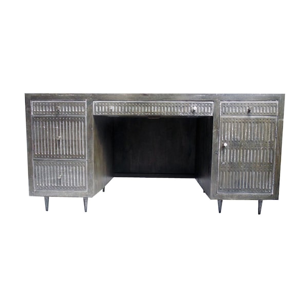 Homeroots 64" Brown and Silver Solid Wood Executive Desk With Five Drawers 489189 - main