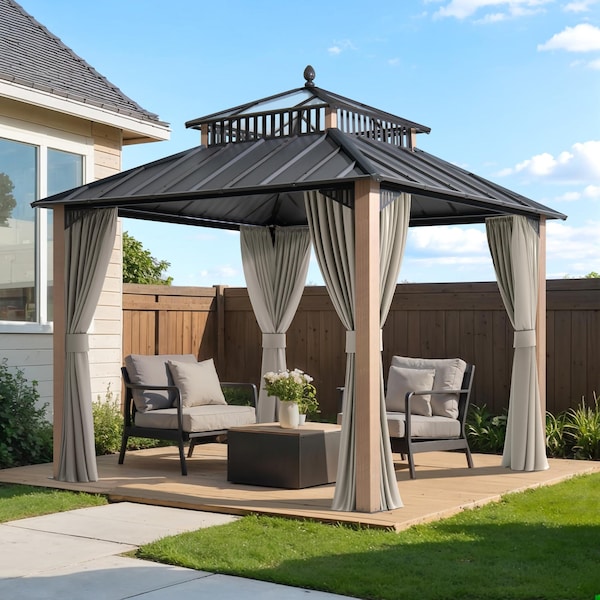 Sunjoy Kingston 10x10 Gazebo, Steel & PC Roof Hardtop Gazebo, Curtain, Netting, Woodgrain Aluminum Posts A10204382000 - main
