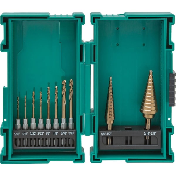 Grizzly Pro M35 HSS Cobalt Quick-Release Hex Shank Step Drill and Drill Bit Set, 10 Pc. T33846 - main
