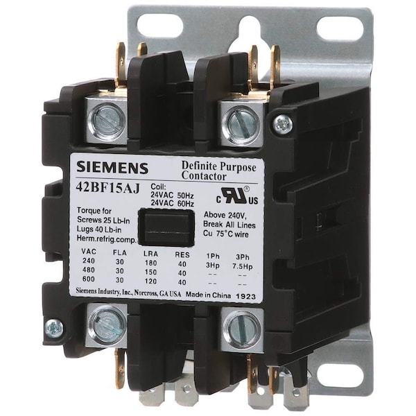 Siemens US2:42BF15AF Definite Purpose Contactor, 30A, 2-Pole, Open, 110-120 VAC Coil 42BF15AF - main
