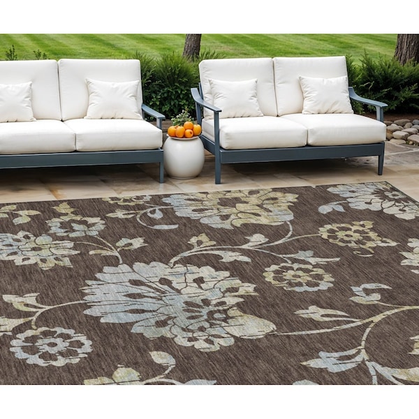 Homeroots 8' X 10' Chocolate Sky Blue And Artichoke Green Floral Washable Indoor Outdoor Area Rug 589461 - main