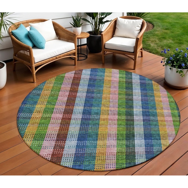 Homeroots 8' Navy Blue Pink And Sage Round Plaid Washable Indoor Outdoor Area Rug 613977 - main