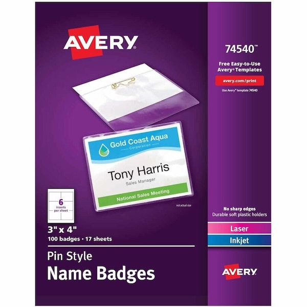 Avery Avery Pin Style Name Badges, 3"x 4", Clear, 100/Box 74540 - main