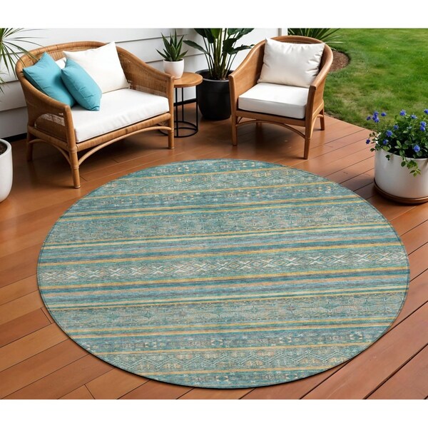Homeroots 8' Teal Blue Gold And Taupe Round Southwestern Washable Indoor Outdoor Area Rug 615982 - main