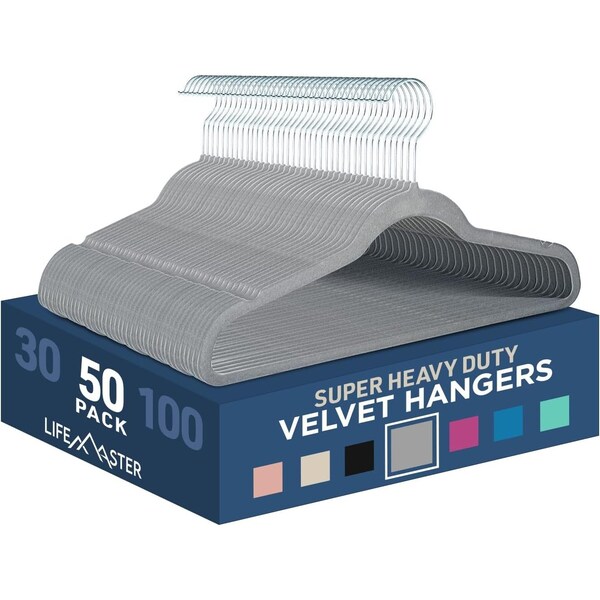 Lifemaster Velvet Non-Slip Hangers, Heavy Duty, 360 Deg Swivel Hook, Space-Saving, Black, 50PK LMGR50Y - main