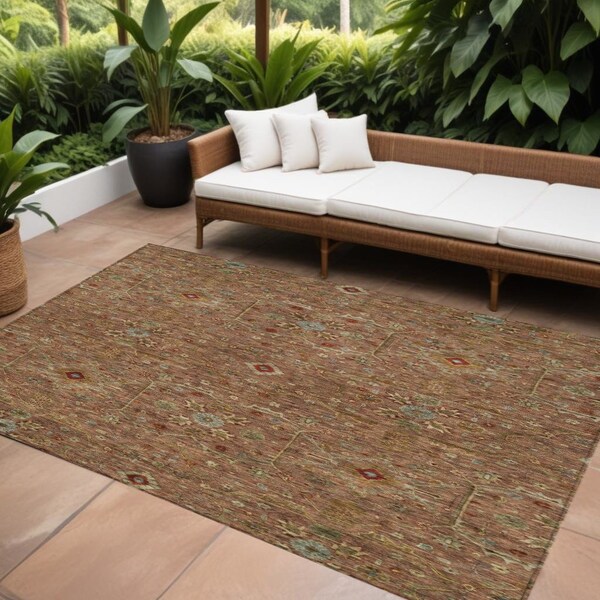 Homeroots 10' X 14' Brown Red And Green Floral Washable Indoor Outdoor Area Rug 604612 - main