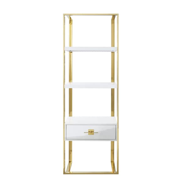 Homeroots 71" White Stainless Steel and Wood Three Tier Etagere Bookcase with A Drawer 544737 - main