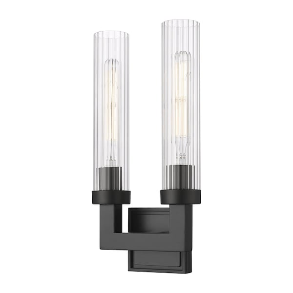 Z-Lite Beau 2 Light Wall Sconce, Matte Black/Clear Ribbed, 8 In W 740-2S-MB - main