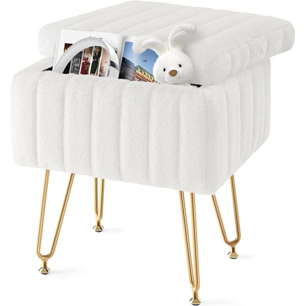 Simple Deluxe Vanity Chair Stool with Storage, Ottoman Soft Faux Fur Padded Makeup Seat, Adjustable Height Footst 3A88HKOTTOASMWHT - main