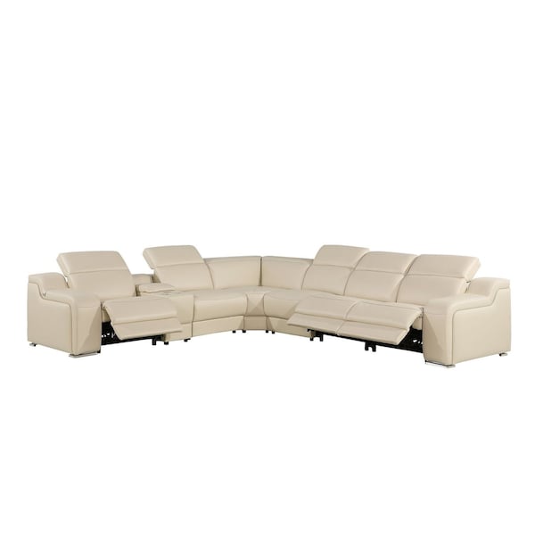 Homeroots Beige Italian Leather Power Reclining Curved Seven Piece Corner Sectional With Console 544977 - main