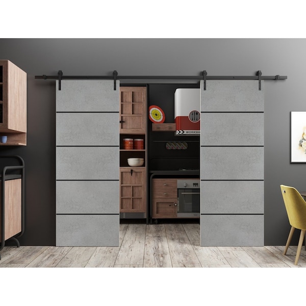 Sartodoors Sliding Double Barn Doors with Hardware, Planum 0015 Concrete and Aluminum Strips, 13FT Rail Hanger PLANUM0015DB-BTN-84 - main
