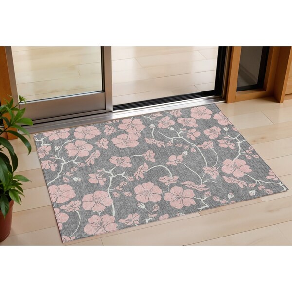 Homeroots 3' X 5' Gray Pink And Ivory Floral Washable Indoor Outdoor Area Rug 600000 - main