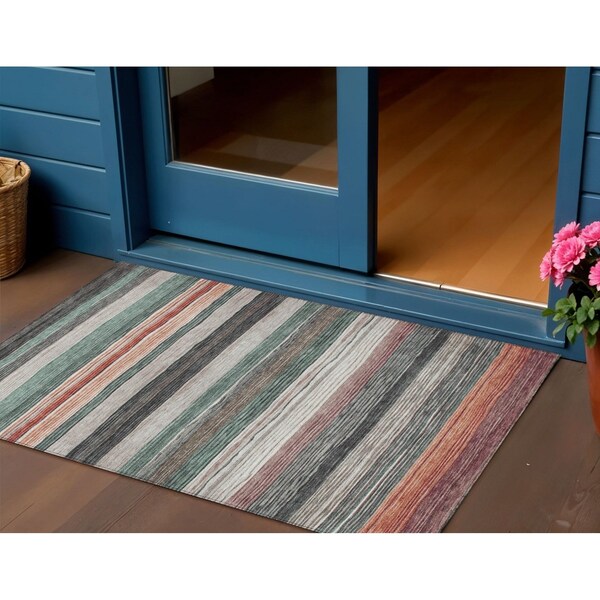 Homeroots 3' X 5' Pale Aqua Copper And Taupe Striped Washable Indoor Outdoor Area Rug 618262 - main