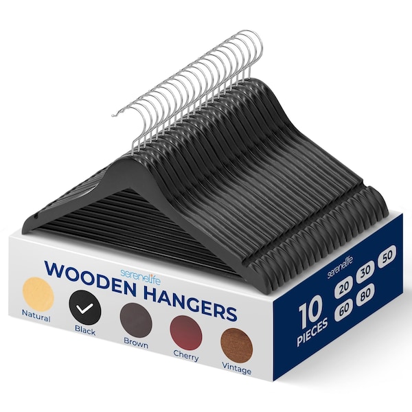 Serenelife Wooden Coat Hangers, Durable Suit Hangers w/ 360 Deg Swivel Hook and Notches, Slim Design, 10PK SLHWDBLK10 - main
