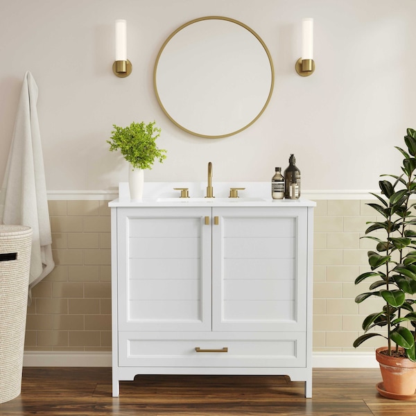 Flash Furniture Haven 36in. Vanity w/Sink, Storage Cabinet w/Gold Hardware, Bottom Drawer, Marble Countertop, Wht FS-BN-4-36-KD-WH-HDGLD-GG - main