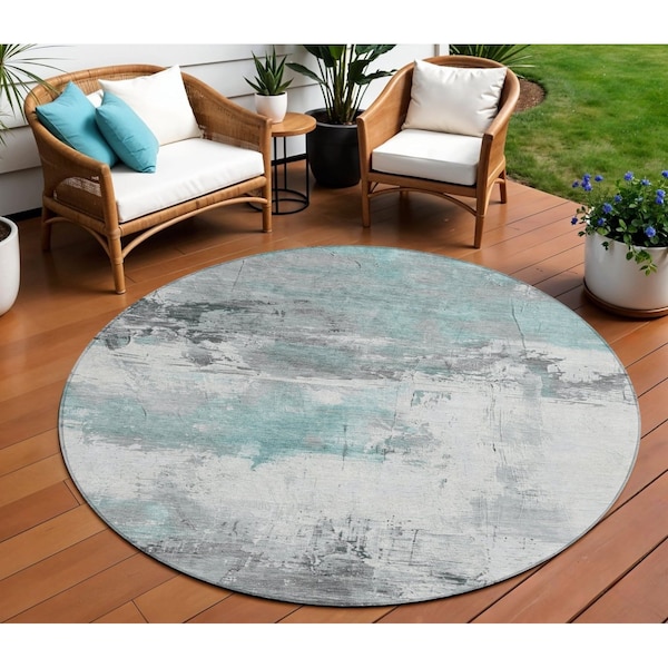 Homeroots 8' Teal Blue And Gray Round Abstract Washable Indoor Outdoor Area Rug 617742 - main