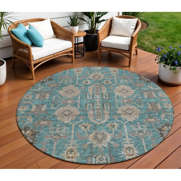 Homeroots 8' Teal Blue Aqua And Beige Round Oriental Washable Indoor Outdoor Area Rug 582136 - main