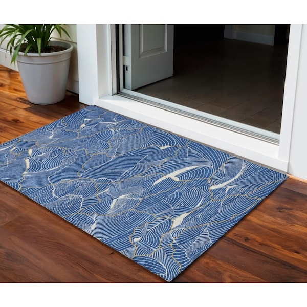 Homeroots 3' X 5' Blue Ivory And Gold Abstract Washable Indoor Outdoor Area Rug 601044 - main