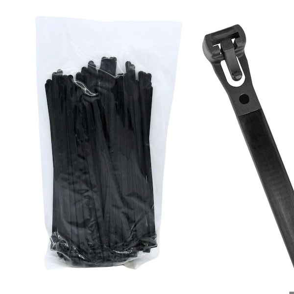 Cable Ties Unlimited Releasable Cable Tie, 10 in L, 50 lb Strength, 2.6 in Max Bundle Dia, Nylon 6/6, UV-Res, Blk, 100PK RT10-50-0C-.30 - main