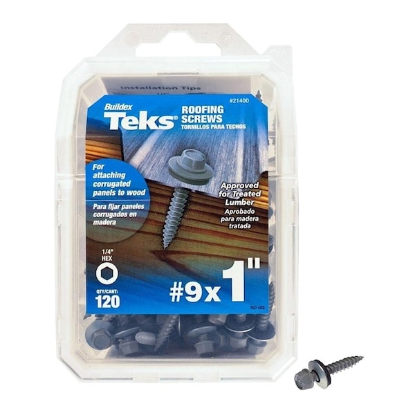 Teks Roofing Screw, No 9 Thread, Fine Thread, Hex Drive, Sharp Point, Steel, Zinc 21400 - main