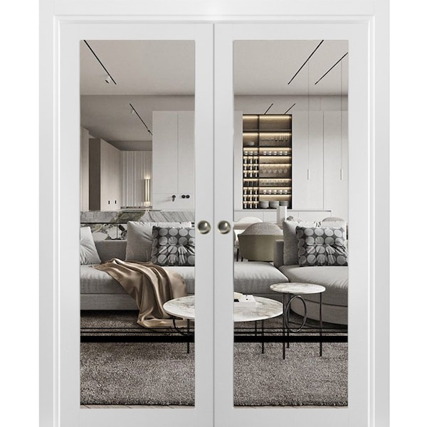 Sartodoors Sliding Double Pocket Door Clear Glass, Lucia 2666 White Silk and Aluminum Strips, Kit Trims Rail LUCIA2666DP-WS-48 x 84 (2* 24x84) - main