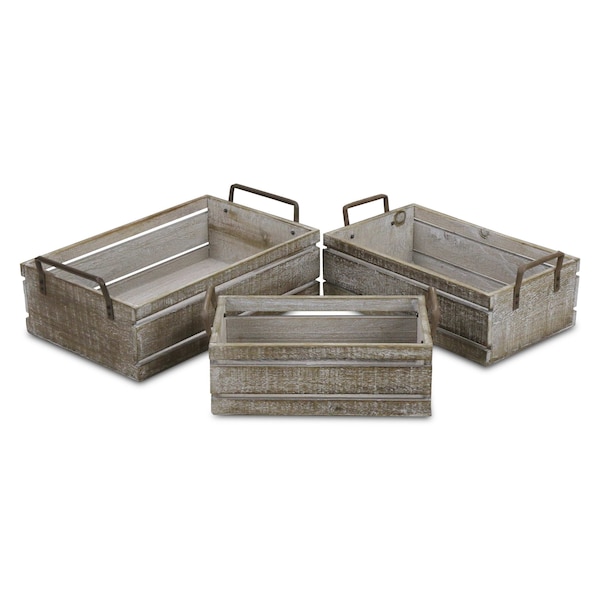 Homeroots Set of Three Gray Solid Wood And Metal Crate, 3PK 487692 - main