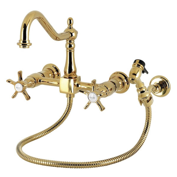 Kingston Brass Two-Handle Wall Mount Bridge Kitchen Faucet with Brass Sprayer, Polished Brass KS1242NXBS - main