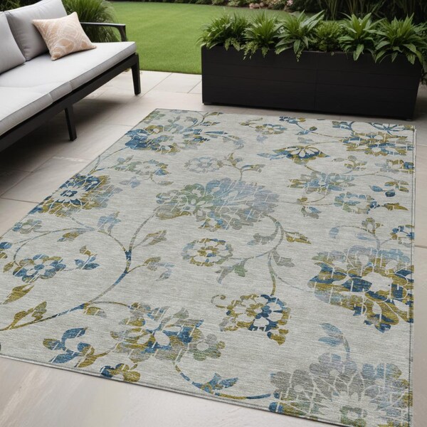 Homeroots 5' X 8' Taupe Navy Blue And Denim Blue Floral Washable Indoor Outdoor Area Rug 589507 - main