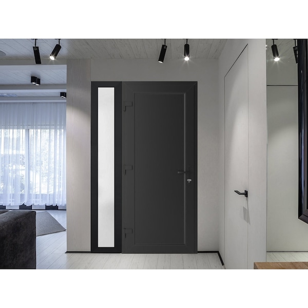 Vdomdoors Front Exterior Prehung Metal-Plastic Door, Manux 8111 Matte Black, Side Sidelite Transom, Office Co MANUX8111EXD-BLK-W36+16xH80-RH - main