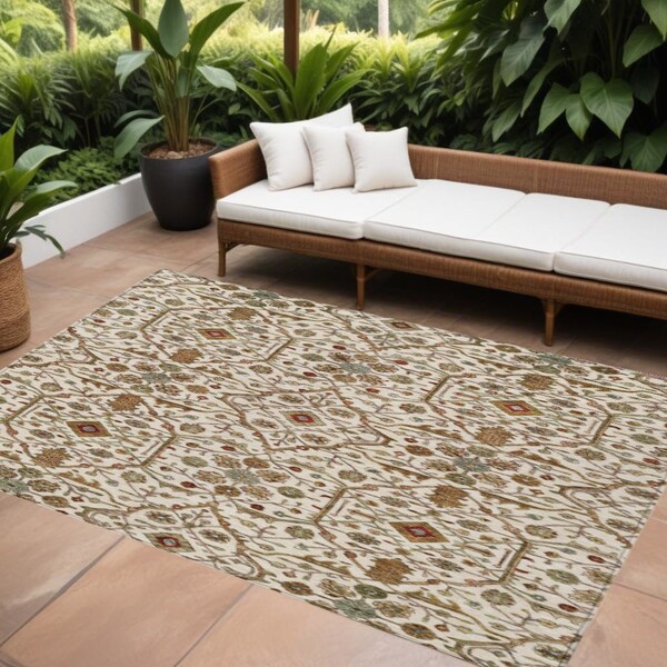 Homeroots 10' X 14' Ivory Brown And Red Floral Washable Indoor Outdoor Area Rug 604600 - main