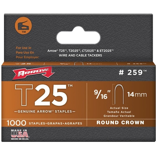 Arrow Fastener Cable Staples, 18 ga, Round Crown, 9/16 in Leg L, Steel 259 - main