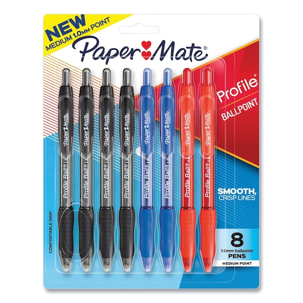 Paper Mate Profile Ballpoint Pen, Retractable, Medium 1 mm, Assorted Ink and Barrel Colors, PK8, 8PK 2097014 - main