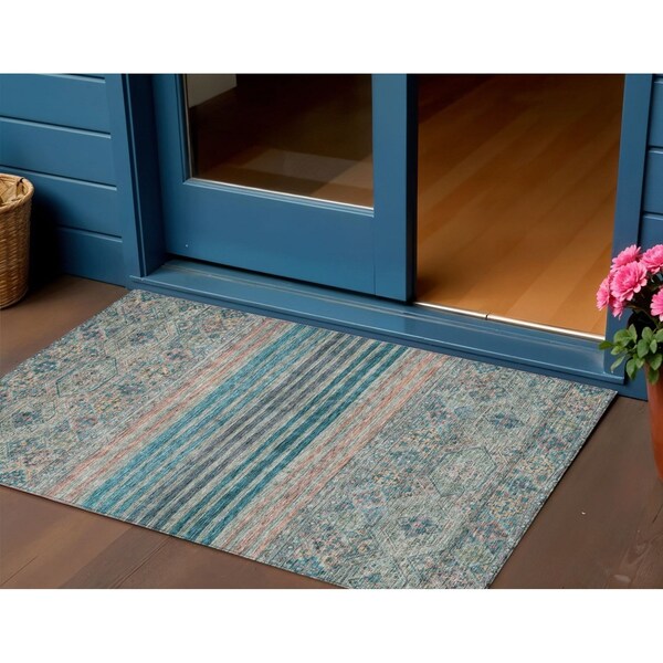 Homeroots 3' X 5' Teal Blue Salmon And Beige Medallion Washable Indoor Outdoor Area Rug 615914 - main