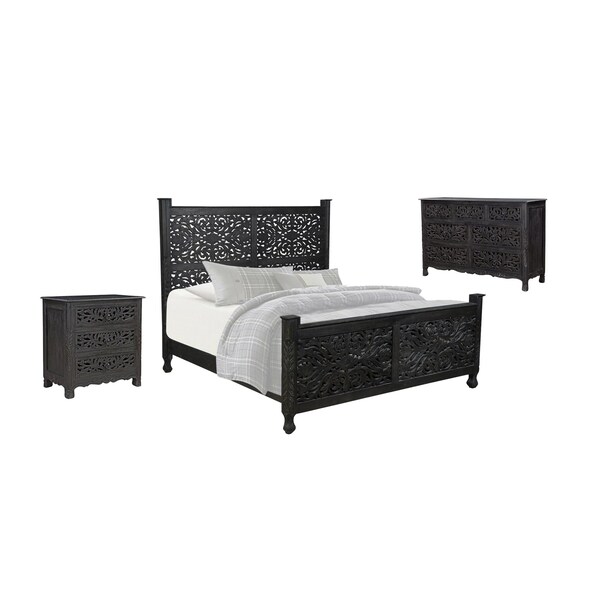 Homeroots Three Piece Black Solid Wood Bedroom Set 636278 - main